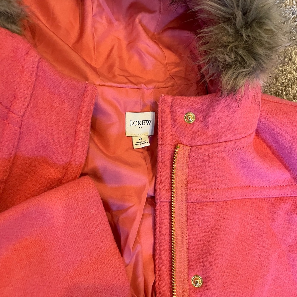 J.Crew Pea Coat Twead Zippered Button Fur Hooded Pink Coat Jacket size 2 - Picture 2 of 7